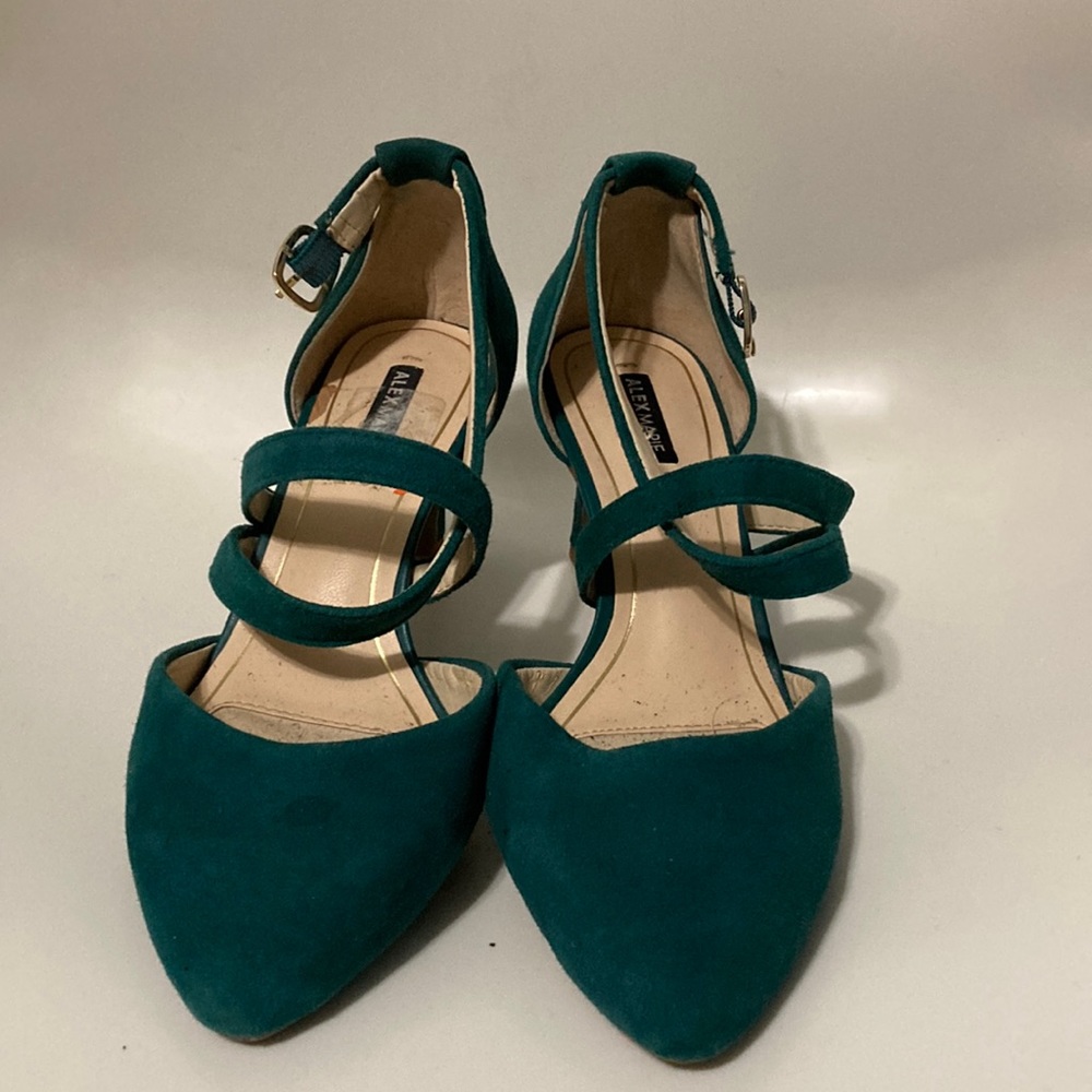 Teal, suede, strappy heels with 1 inch height